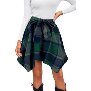 imageMakeMeChic Womens Plaid Flannel Mini Skirt Bow Tie Front Elastic High Waisted Asymmetrical Fall Winter SkirtsDark Green