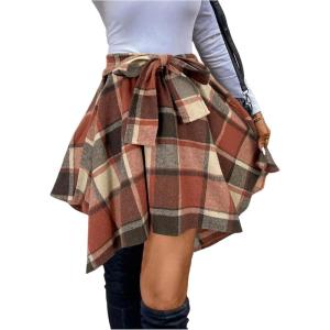 imageMakeMeChic Womens Plaid Flannel Mini Skirt Bow Tie Front Elastic High Waisted Asymmetrical Fall Winter SkirtsMulticolor
