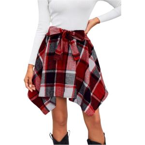 imageMakeMeChic Womens Plaid Flannel Mini Skirt Bow Tie Front Elastic High Waisted Asymmetrical Fall Winter SkirtsRed a