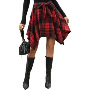 imageMakeMeChic Womens Plaid Flannel Mini Skirt Bow Tie Front Elastic High Waisted Asymmetrical Fall Winter SkirtsRed and Black