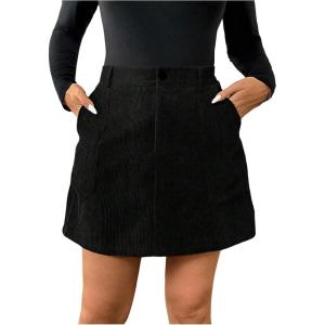 imageMakeMeChic Womens Plus Size Corduroy Mini Skirt High Waisted Zip Fly A Line Button Fall Winter SkirtsBlack