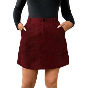 imageMakeMeChic Womens Plus Size Corduroy Mini Skirt High Waisted Zip Fly A Line Button Fall Winter SkirtsBurgundy