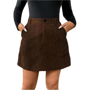imageMakeMeChic Womens Plus Size Corduroy Mini Skirt High Waisted Zip Fly A Line Button Fall Winter SkirtsCoffee Brown