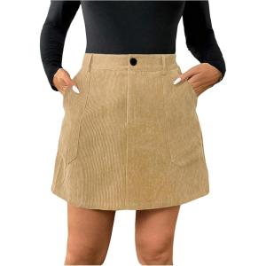 imageMakeMeChic Womens Plus Size Corduroy Mini Skirt High Waisted Zip Fly A Line Button Fall Winter SkirtsKhaki