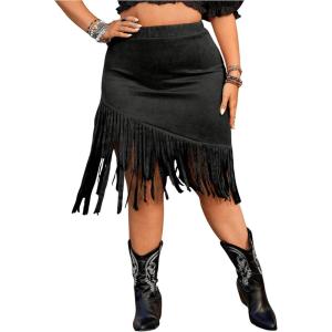 imageMakeMeChic Womens Plus Size Suede Fringe Cowlgirl Skirt Elastic High Waist Bodycon Short SkirtsBlack
