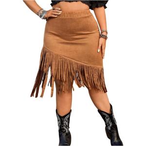 imageMakeMeChic Womens Plus Size Suede Fringe Cowlgirl Skirt Elastic High Waist Bodycon Short SkirtsKhaki