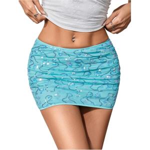 imageMakeMeChic Womens Sequin Mini Skirt Glitter Ruched Summer Vacation Party Concert Short SkirtsBlue