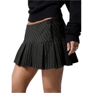 imageMakeMeChic Womens Summer Y2K Pleated A Line Mini Skirt Striped Button Side Short SkirtsBlack