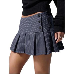 imageMakeMeChic Womens Summer Y2K Pleated A Line Mini Skirt Striped Button Side Short SkirtsBlue