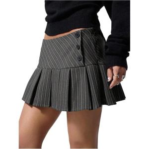 imageMakeMeChic Womens Summer Y2K Pleated A Line Mini Skirt Striped Button Side Short SkirtsDark Grey