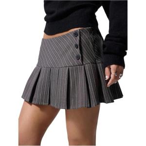 imageMakeMeChic Womens Summer Y2K Pleated A Line Mini Skirt Striped Button Side Short SkirtsGrey