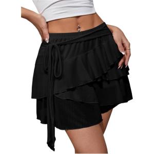 imageMakeMeChic Womens Y2K Sheer Mesh Mini Skirt Ruffle Hem Drop Waist Layered Tie Side Short SkirtsBlack