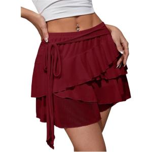 imageMakeMeChic Womens Y2K Sheer Mesh Mini Skirt Ruffle Hem Drop Waist Layered Tie Side Short SkirtsBurgundy