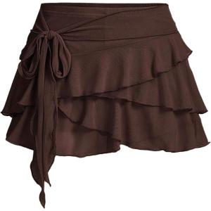 imageMakeMeChic Womens Y2K Sheer Mesh Mini Skirt Ruffle Hem Drop Waist Layered Tie Side Short SkirtsCoffee Brown