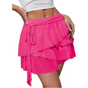 imageMakeMeChic Womens Y2K Sheer Mesh Mini Skirt Ruffle Hem Drop Waist Layered Tie Side Short SkirtsHot Pink