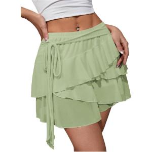 imageMakeMeChic Womens Y2K Sheer Mesh Mini Skirt Ruffle Hem Drop Waist Layered Tie Side Short SkirtsMint Green