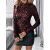 imageMakeMeChic Womens Leopard Print Mock Neck Slim Fit Long Sleeve Ruched Tee Shirt Tops Red Large