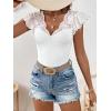 imageMakeMeChic Womens Solid V Neck Lace Sheer Shirt Ruffle Cap Sleeve Casual Tee Tops