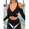 imageMakeMeChic Womens Y2K Off Shoulder Long Sleeve Top Wrap V Neck Cut Out Crop Tee ShirtsBlack