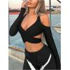 imageMakeMeChic Womens Y2K Off Shoulder Long Sleeve Top Wrap V Neck Cut Out Crop Tee ShirtsBlack