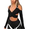 imageMakeMeChic Womens Y2K Off Shoulder Long Sleeve Top Wrap V Neck Cut Out Crop Tee ShirtsBlack