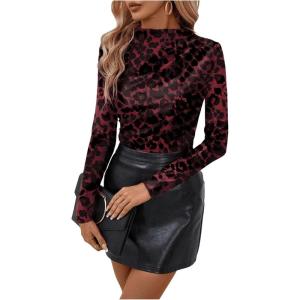 imageMakeMeChic Womens Leopard Print Mock Neck Slim Fit Long Sleeve Ruched Tee Shirt Tops Red Large