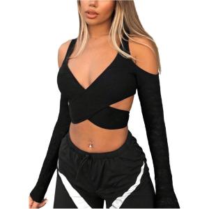 imageMakeMeChic Womens Y2K Off Shoulder Long Sleeve Top Wrap V Neck Cut Out Crop Tee ShirtsBlack