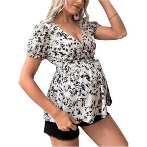 imageMakeMeChic Womens Maternity Floral Blouse Wrap V Neck Short Sleeve Shirts Pregnancy Babydoll TopsBlack and White