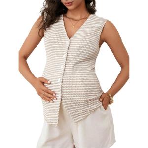 imageMakeMeChic Womens Maternity Tank Top Striped V Neck Sleeveless Button Front Pregnancy Vest TopsKhaki