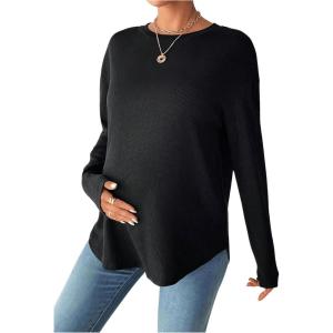 imageMakeMeChic Womens Maternity Tee Shirt Long Sleeve Round Neck Drop Shoulder Curved Hem Pregnancy TopsBlack
