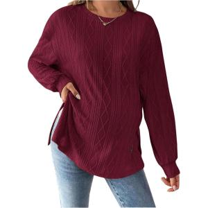 imageMakeMeChic Womens Maternity Tee Shirts Textured Long Sleeve Round Neck Slit Hem Pregnancy TopsBurgundy
