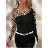 image:imageMakeMeChic Womens Leopard Print Crew Neck Cut Out Long Sleeve Criss Corss Fitted Tee Shirt Top Black Medium