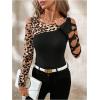 image:imageMakeMeChic Womens Leopard Print Crew Neck Cut Out Long Sleeve Criss Corss Fitted Tee Shirt Top Black Medium