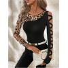 image:imageMakeMeChic Womens Leopard Print Crew Neck Cut Out Long Sleeve Criss Corss Fitted Tee Shirt Top Black Medium