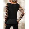 image:imageMakeMeChic Womens Leopard Print Crew Neck Cut Out Long Sleeve Criss Corss Fitted Tee Shirt Top Black Medium