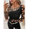 image:imageMakeMeChic Womens Leopard Print Crew Neck Cut Out Long Sleeve Criss Corss Fitted Tee Shirt Top Black Medium