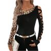 image:imageMakeMeChic Womens Leopard Print Crew Neck Cut Out Long Sleeve Criss Corss Fitted Tee Shirt Top Black Medium