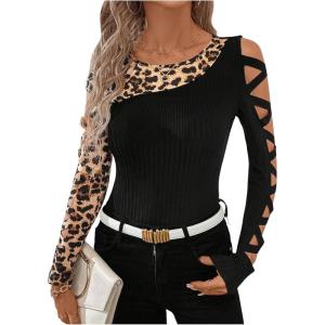 image:imageMakeMeChic Womens Leopard Print Crew Neck Cut Out Long Sleeve Criss Corss Fitted Tee Shirt Top Black Medium