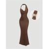 image:imageMakeMeChic Womens Cowl Neck Maxi Dress Halter Backless Bodycon Cocktail Maxi DressesBrown
