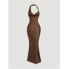 image:imageMakeMeChic Womens Cowl Neck Maxi Dress Halter Backless Bodycon Cocktail Maxi DressesBrown