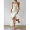 image:imageMakeMeChic Womens Criss Cross Halter Dress Backless Fringe Bodycon Beach DressesApricot