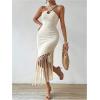 image:imageMakeMeChic Womens Criss Cross Halter Dress Backless Fringe Bodycon Beach DressesApricot