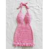 image:imageMakeMeChic Womens Crochet Halter Dress Deep V Neck Tie Backless Hollow Out Bodycon Mini DressesPink