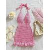 image:imageMakeMeChic Womens Crochet Halter Dress Deep V Neck Tie Backless Hollow Out Bodycon Mini DressesPink
