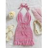 image:imageMakeMeChic Womens Crochet Halter Dress Deep V Neck Tie Backless Hollow Out Bodycon Mini DressesPink