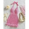 image:imageMakeMeChic Womens Crochet Halter Dress Deep V Neck Tie Backless Hollow Out Bodycon Mini DressesPink