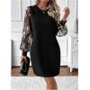 image:imageMakeMeChic Womens Fall Long Sleeve Floral Sheer Dress Wedding Guest Mesh Crew Neck Lace Black Mini DressesBlack