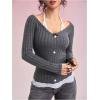 image:imageMakeMeChic Womens Floral Lace Halter Tee Top Textured Long Sleeve Button Front T Shirt Dark Grey Medium