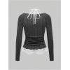 image:imageMakeMeChic Womens Floral Lace Halter Tee Top Textured Long Sleeve Button Front T Shirt Dark Grey Medium