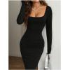 image:imageMakeMeChic Womens Maxi Dress Long Sleeve Square Neck Fitted Bodycon Casual Long Wedding Guest DressesBlack